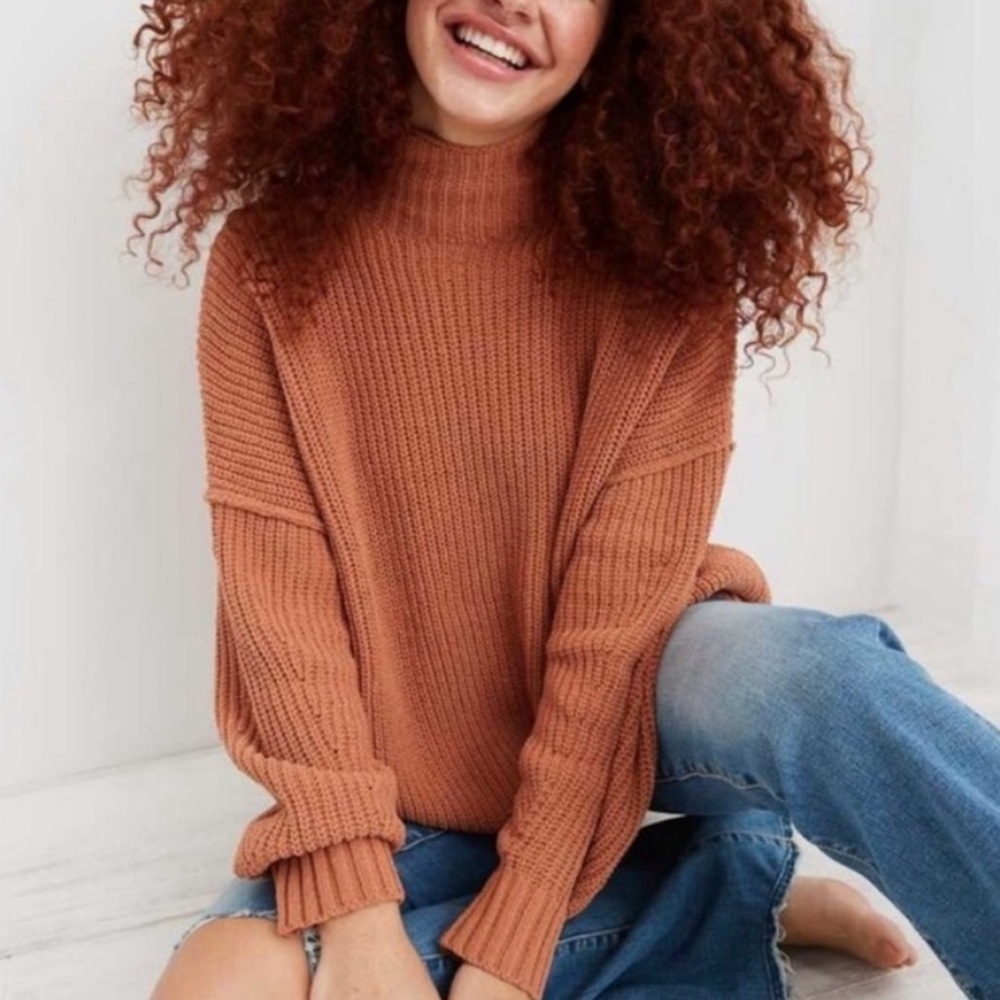 Aerie Brown Cowl Turtleneck Sweater with Ribbed Texture